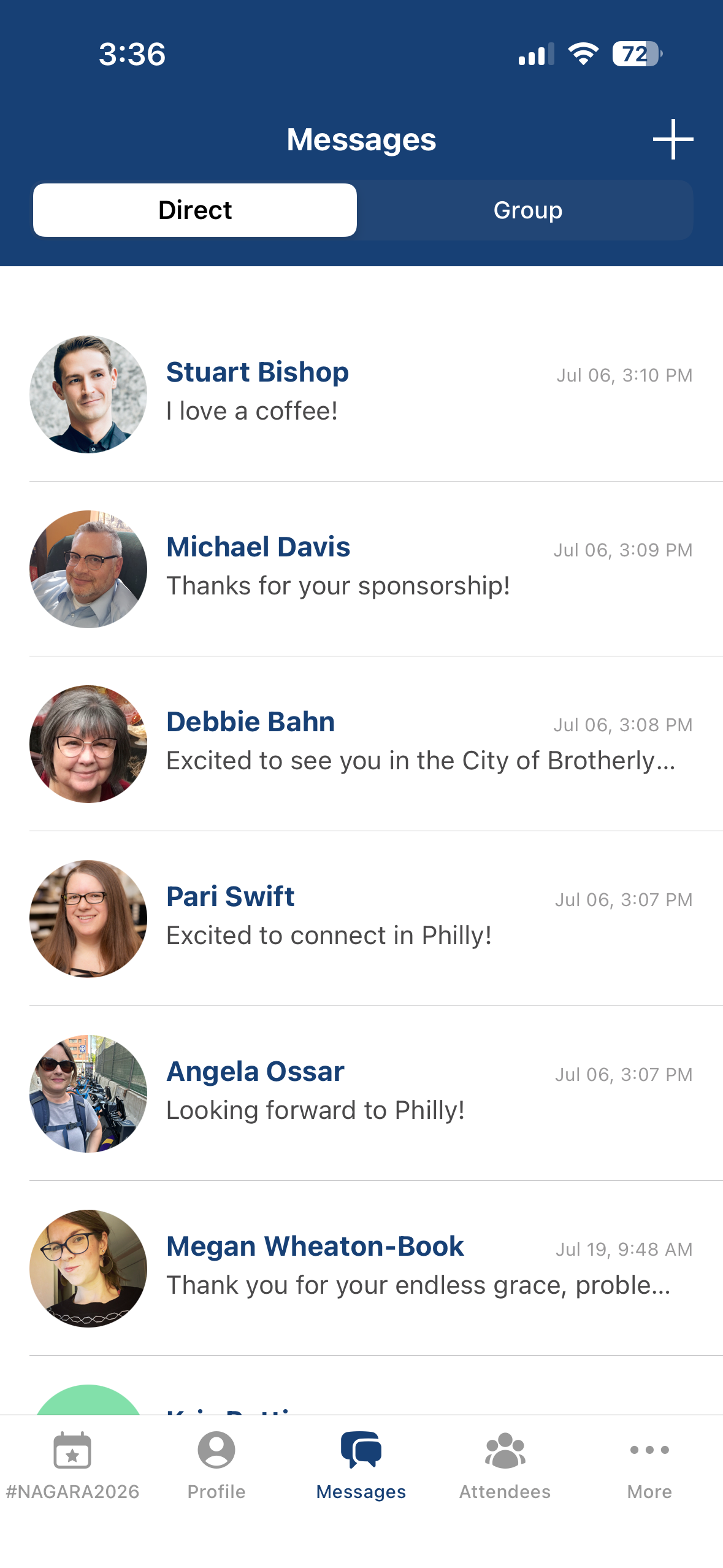 Messages screen with Direct tab selected