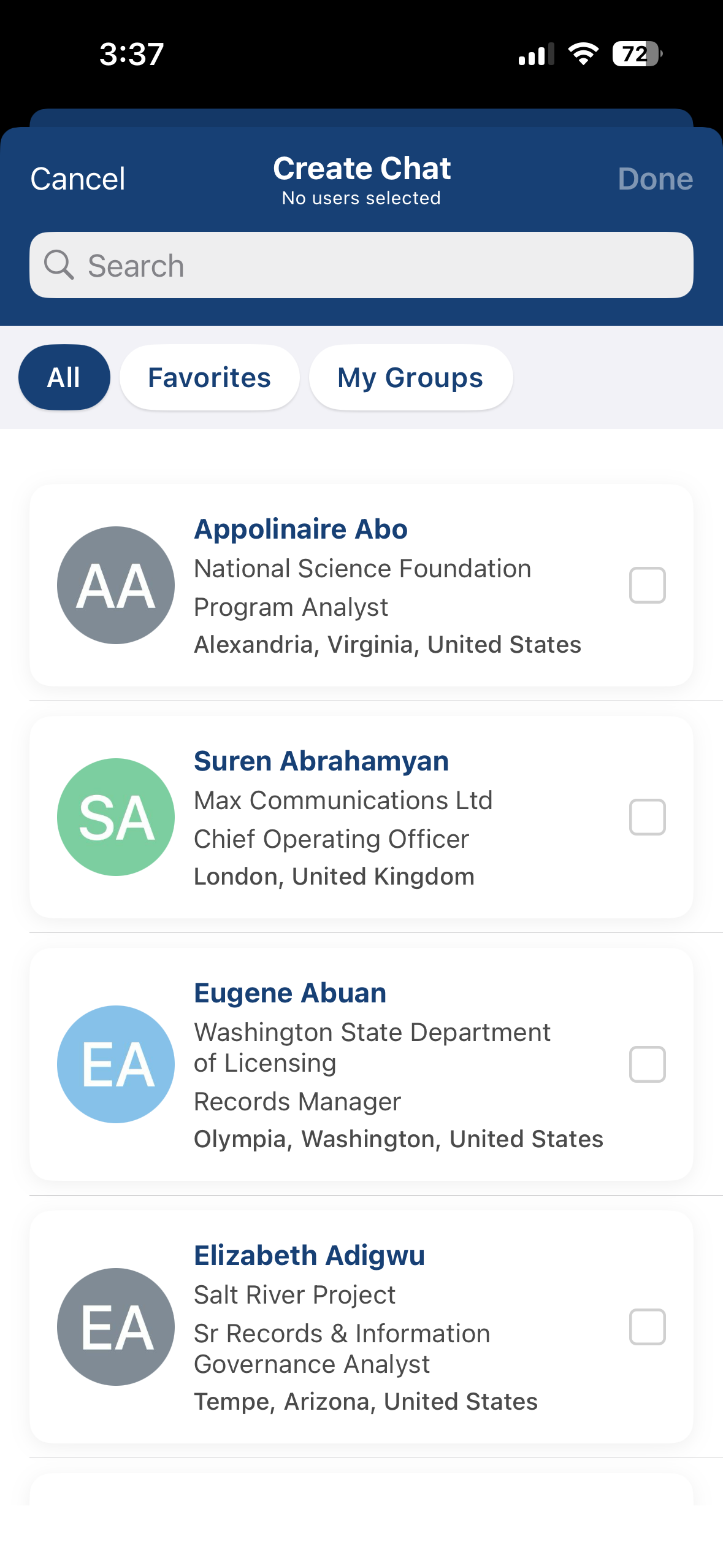 Create Chat screen with attendee search field