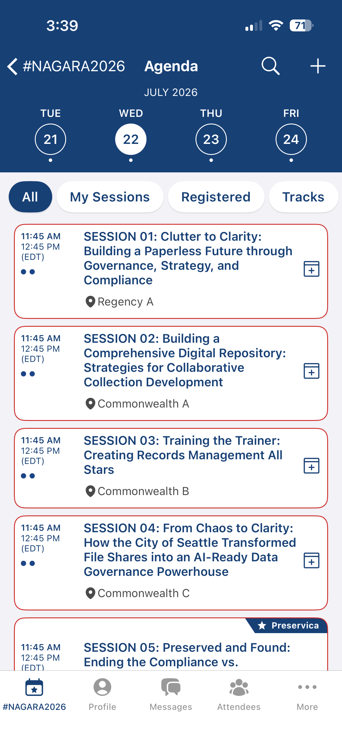 Agenda session list in the NAGARA mobile app