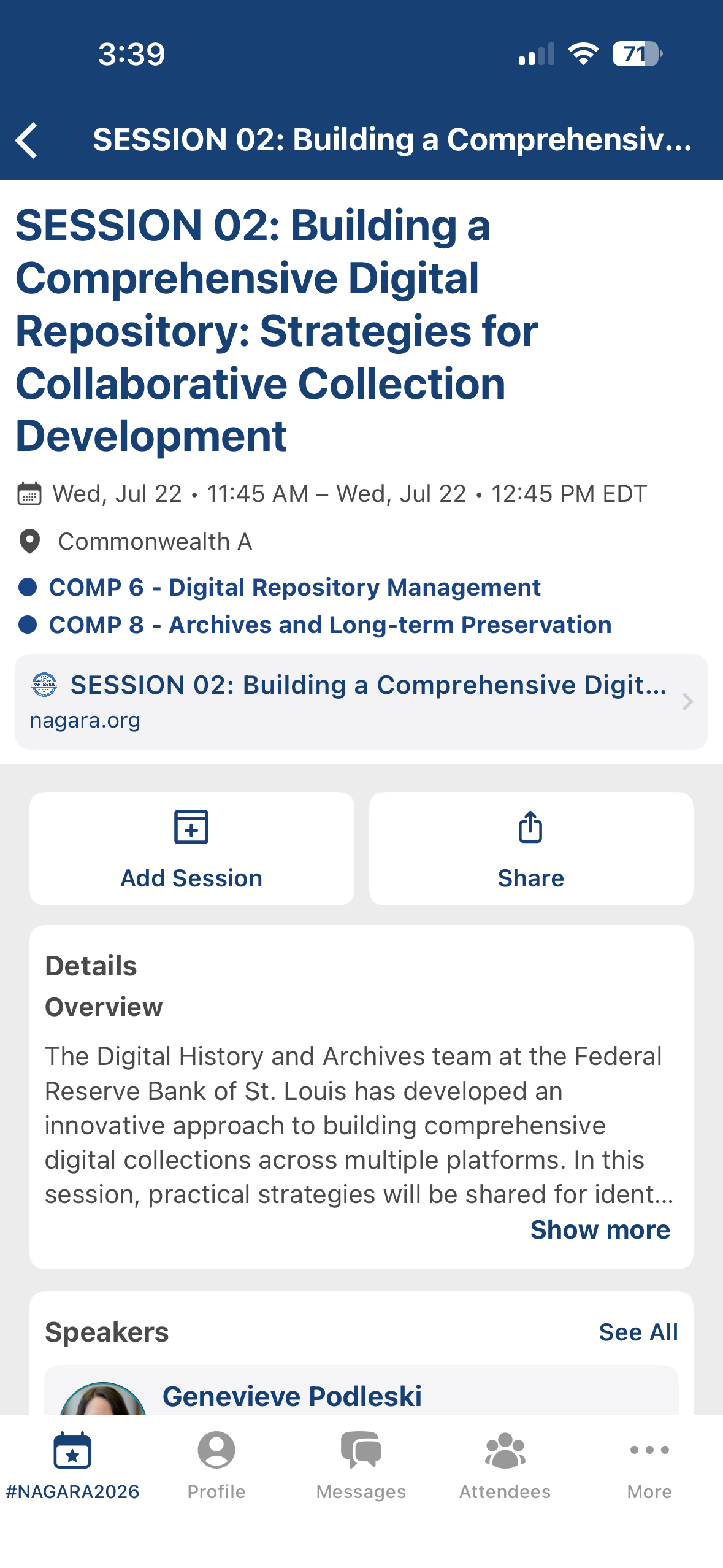 Session detail page in the NAGARA mobile app