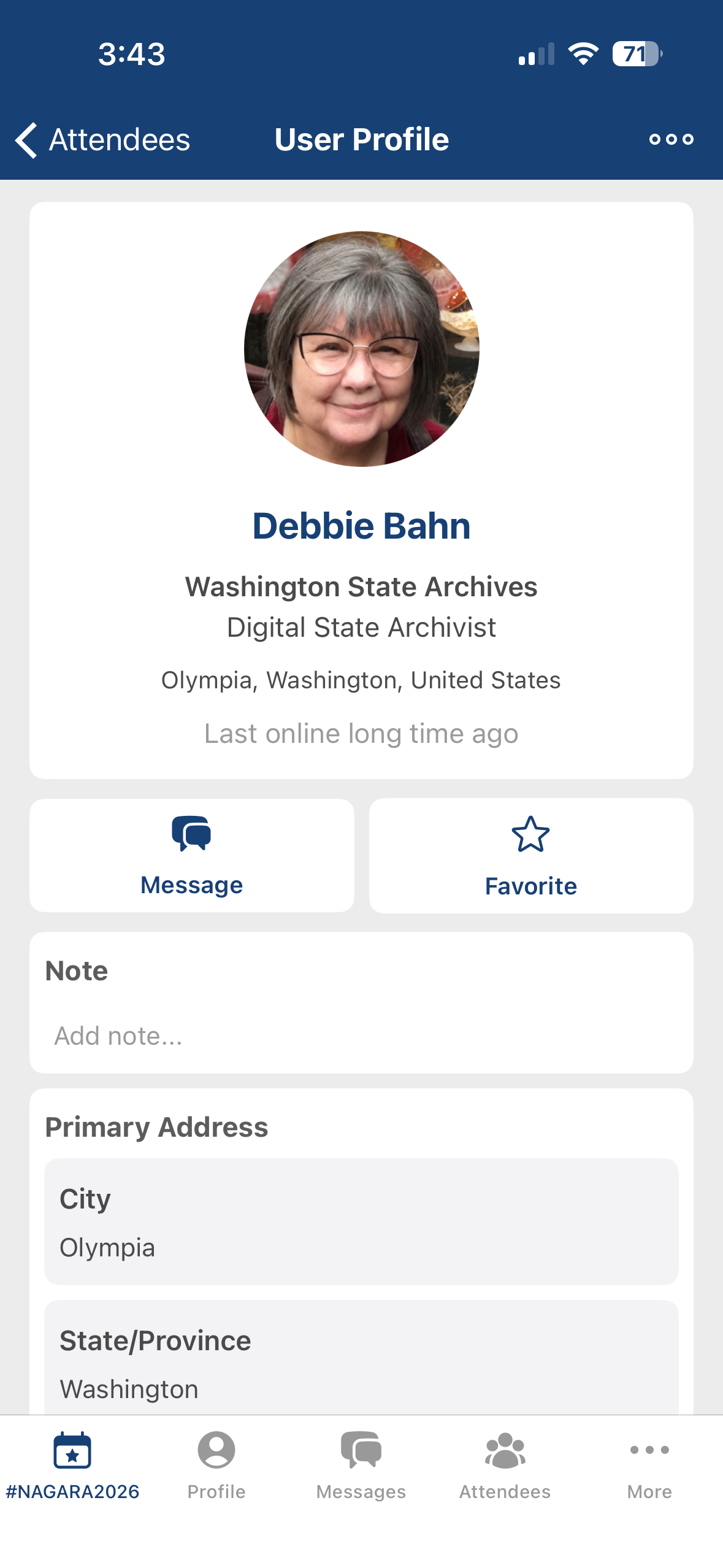 Attendee profile actions in the NAGARA mobile app