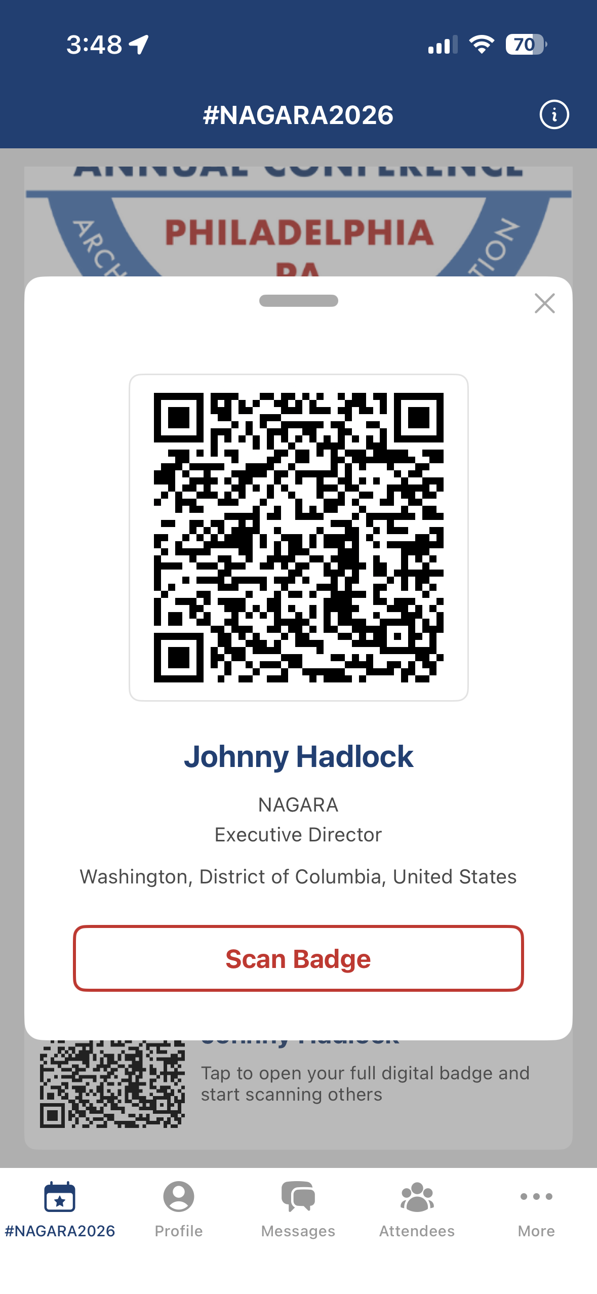 Digital badge with Scan Badge button in the NAGARA mobile app
