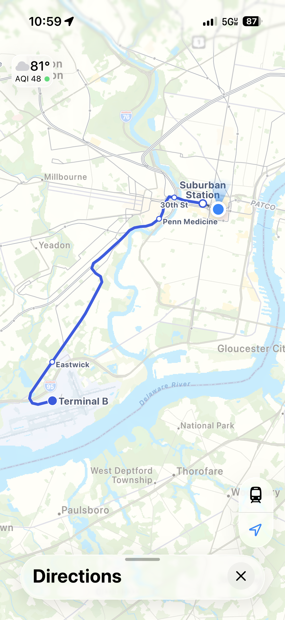 Map showing SEPTA Airport Line route from Philadelphia International Airport to Suburban Station
