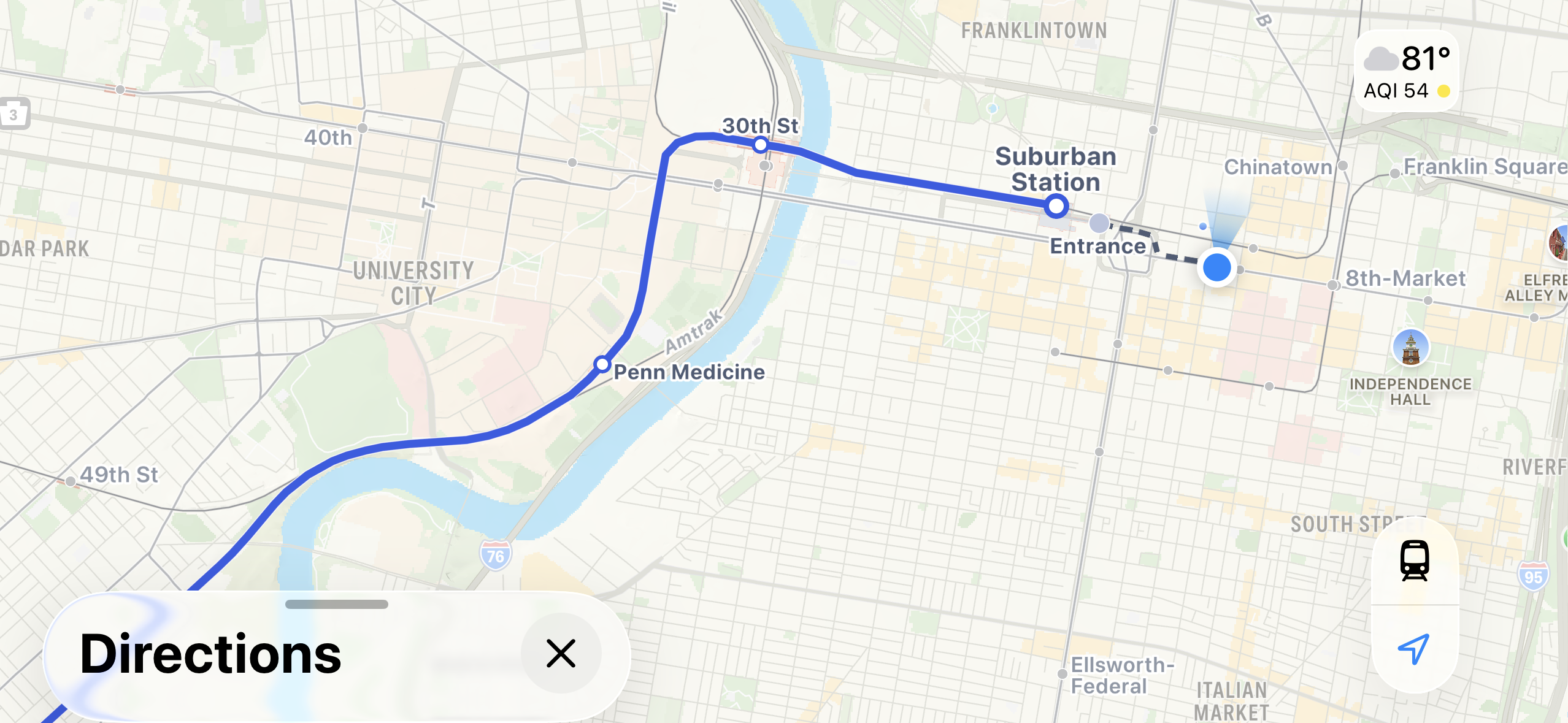Map showing route from Suburban Station to Loews Philadelphia Hotel
